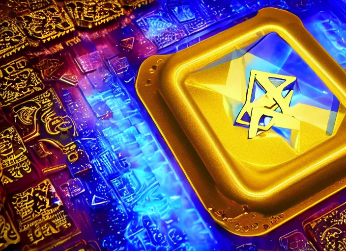 Image similar to ad for a flat square magic golden computer chip with runes and a glowing blue crystal in the center, mana flowing around it, product photo, dynamic composition, hyperrealism, octane render, fluid simulation, trending on artstation, unreal engine 5, 4 k, 8 k