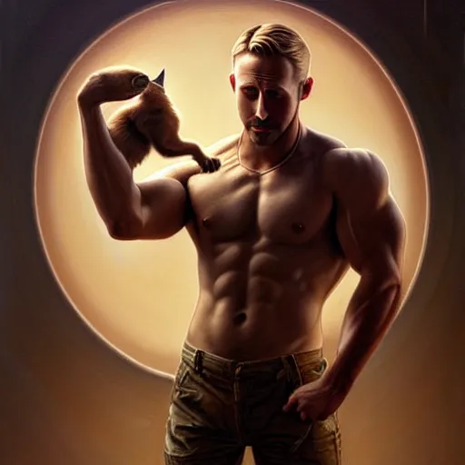 Image similar to Muscular Ryan Gosling holding cute caracal, portrait, sci-fi, fantasy, intricate, elegant, highly detailed, digital painting, artstation, concept art, smooth, sharp focus, illustration, art by artgerm and greg rutkowski and alphonse mucha