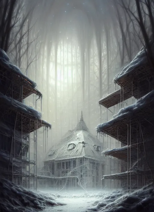 Image similar to abandoned laboratory on ice plains, blizzard weather, intricate, elegant, highly detailed, digital painting, artstation, concept art, smooth, sharp focus, illustration, artgerm, tomasz alen kopera, peter mohrbacher, donato giancola, joseph christian leyendecker, wlop, boris vallejo