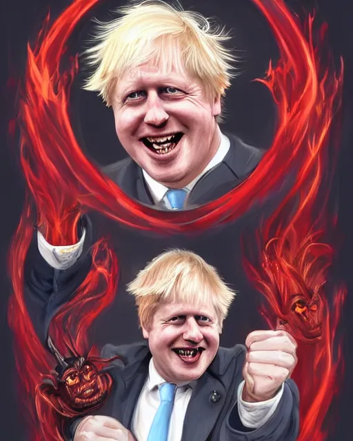 Prompt: dark fantasy character concept painting of uk politician former prime minister boris johnson wearing a suit of red dancing smiling in the fiery pits of hell, smiling and having fun with demons, satanic imagery, pagan, satanic symbolism, illustration, trending on artstation,