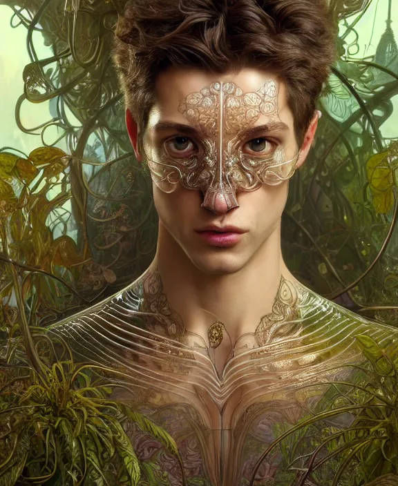 Image similar to intricate ornate opulent transparent clear see - through portrait of a terrifying beautiful male alien rat, mottled coloring, adorable, childlike, overgrown jungle environment, ultra realistic, concept art, art nouveau, photorealistic, octane render, 8 k, unreal engine. art by christopher marley and artgerm and greg rutkowski and alphonse mucha