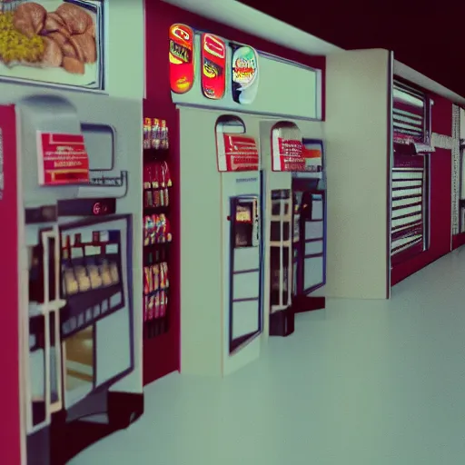 Image similar to cinestill 5 0 d photograph of the inside of an empty convenience store, liminal space, lonely, mannequins, 3 5 mm, raw, unedited, cinema 4 d, cinematic