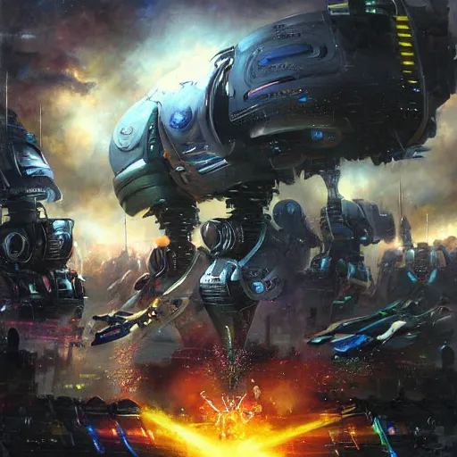 Image similar to robot cybernetic wars by raymond swanland, highly detailed, bright tones