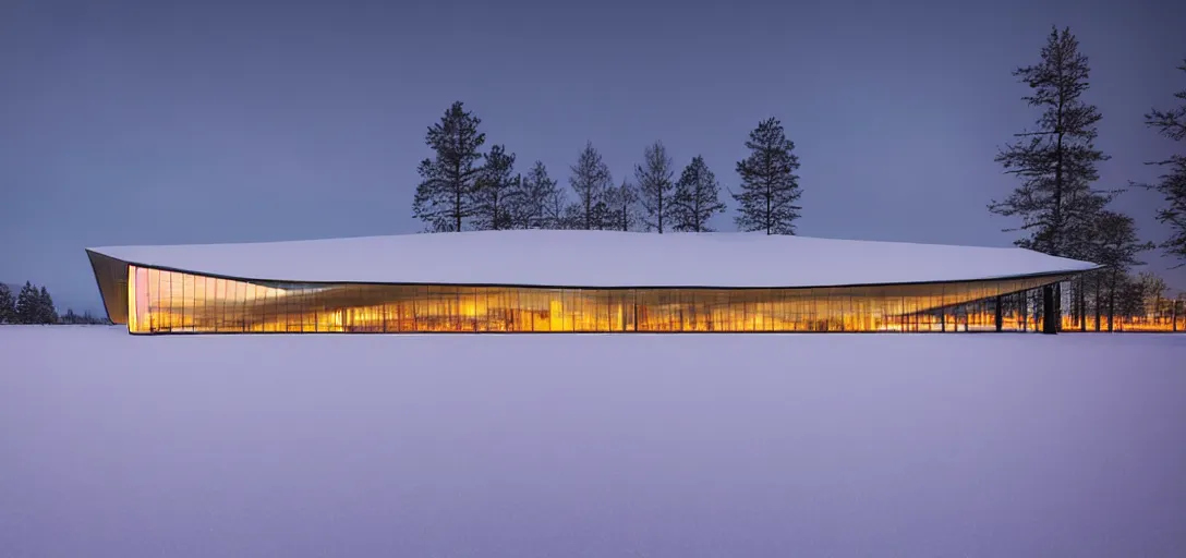 Image similar to faceted roof planes lift and descend creating shade and architectural expression, highly detailed, situated in snow, next to a highly reflective lake, at dusk, vivid color