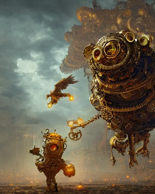 Image similar to oil painting of ornate intricate golden Steampunk owl Golem fighting chinese dragon, sharp focus, fantasy style, steampunk city background, octane render, volumetric lighting, 8k high definition, by greg rutkowski, highly detailed, trending on art Station