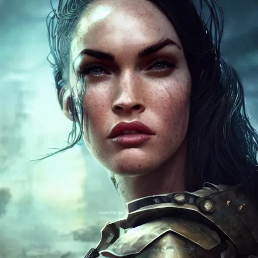 Image similar to megan fox portrait, dystopia core, apocalyptic, armor, warrior, dramatic, sharp focus, fiction, neon, fantasy, hyper detailed, digital art, trending in artstation, cinematic lighting, studio quality, smooth render, unreal engine 5 rendered, octane rendered, art style and nixeu and wlop and krenz cushart