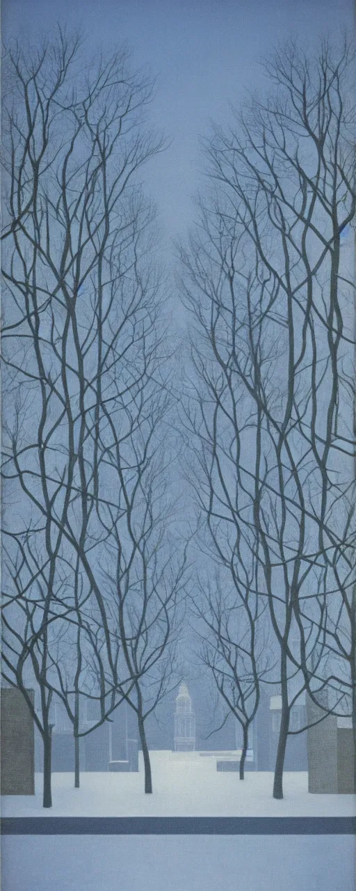 Image similar to University of Michigan campus on a Winter night by Rene Magritte. Long surreal shadows. Blue.