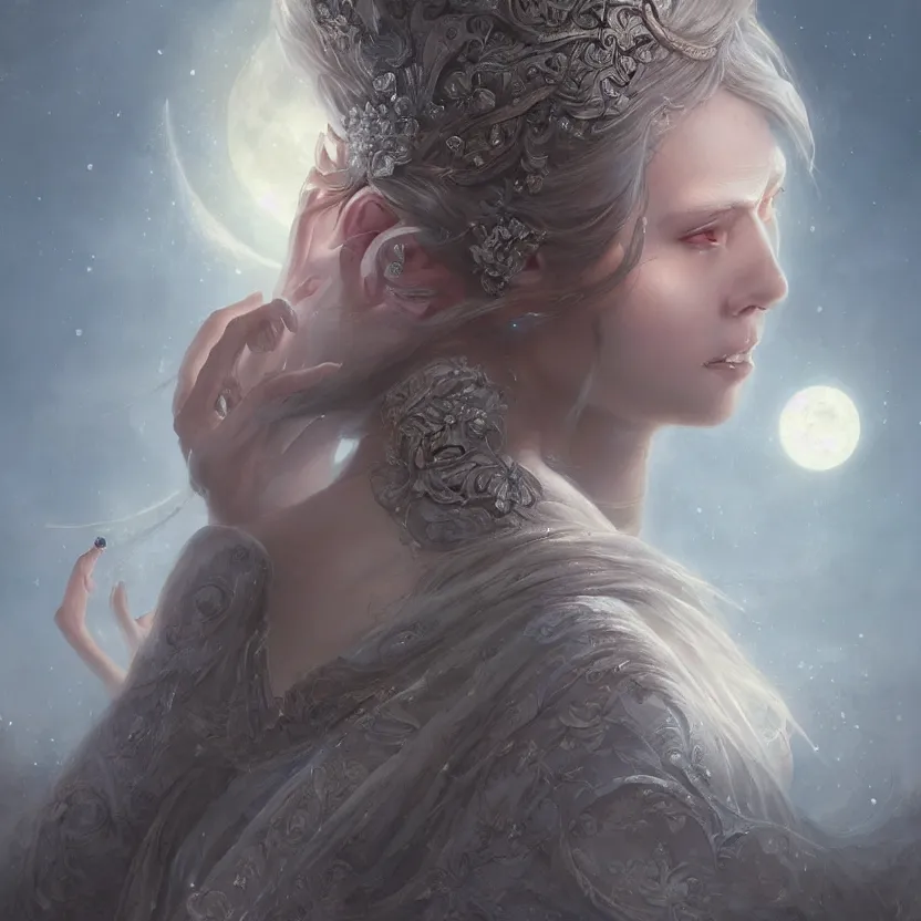 Image similar to a beautiful digital painting of a princess, princess, the moon behind her, intricate, cinematic lighting, highly detailed, digital painting, concept art, smooth, sharp focus, illustration, art by tom bagshaw, artgerm and greg rutkowski