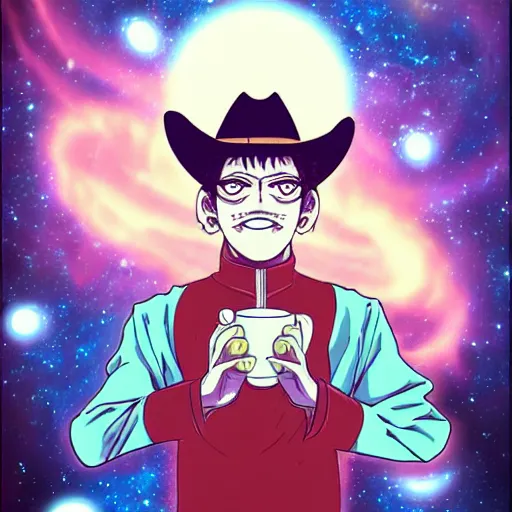 Image similar to A man drinking a cup of cosmic energy bright light by Hideaki Sorachi, 4k, digital art, surreal, anime style, cowboy Bepop, space dandy,