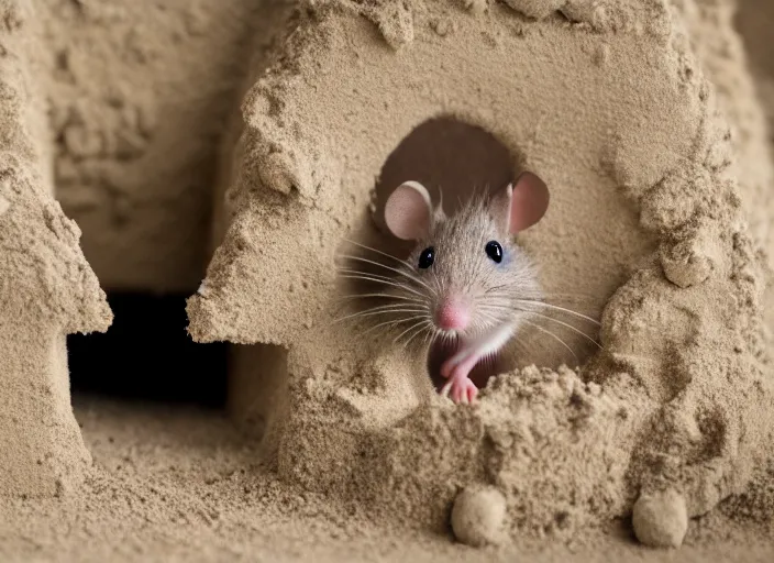 Image similar to dslr photo still of a mouse inside a sand castle, 8 k, 8 5 mm f 1. 4