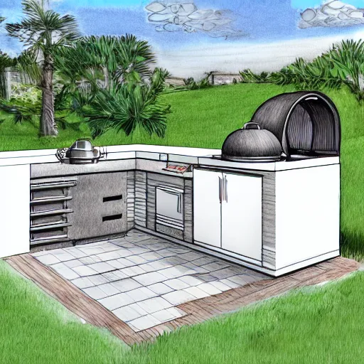 Prompt: modern outdoor kitchen design with grill and pizza oven, designer pencil sketch, HD resolution