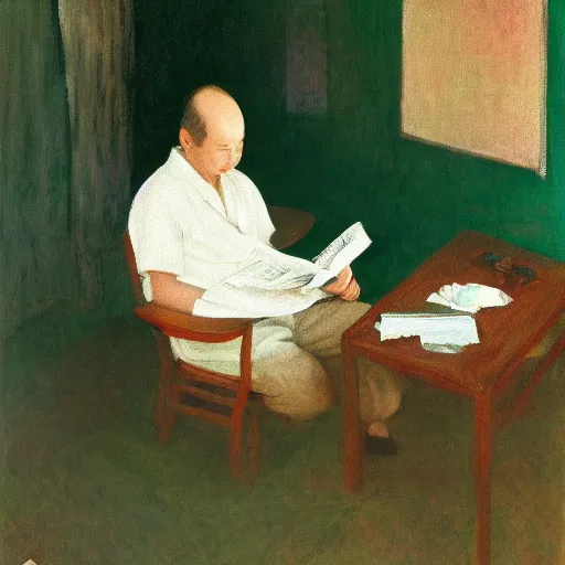 Prompt: old balding japanese man with white shirt, sitting on a chair and reading newspaper while looking at the ceiling of his room with contrastic green lighting by monet