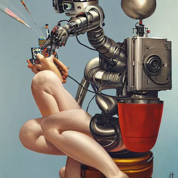 Prompt: robot artist painting a self - portrait on a canvas. intricate, highly detailed, photorealistic, film still, by alexandros pyromallis, gil elvgren, sachin teng, hans thoma.