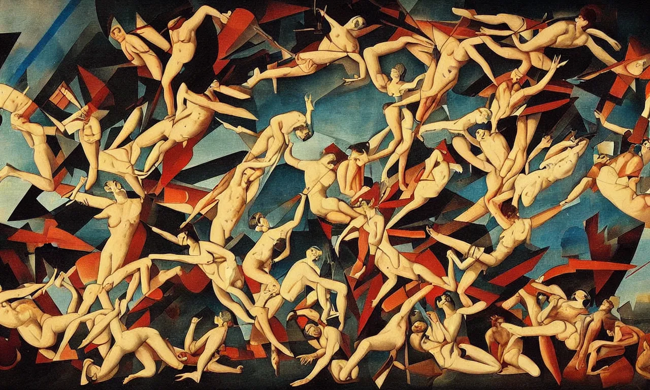 Prompt: bauhaus style painting of “The Fall of Icarus” by Merry-Joseph Blonde