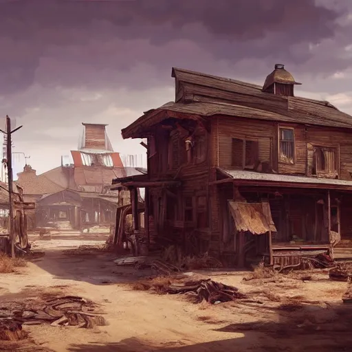 Prompt: painting of an old west town, ultra realistic, concept art, intricate details, eerie, highly detailed, fallout, wasteland, photorealistic, octane render, 8 k, unreal engine 5. art by artgerm and greg rutkowski and alphonse mucha