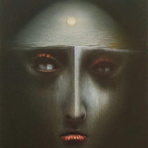 Image similar to beksinski, zdzisław - her eyes wide, oil on canvas