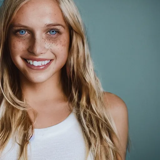 Prompt: Portrait Photography closeup of a Blonde Girl, Young Beautiful Face, Green Eyes, Freckles, Wearing a white crop-top and jeans, with a subtle smile, Epic, Charming, Character, trending on 500px