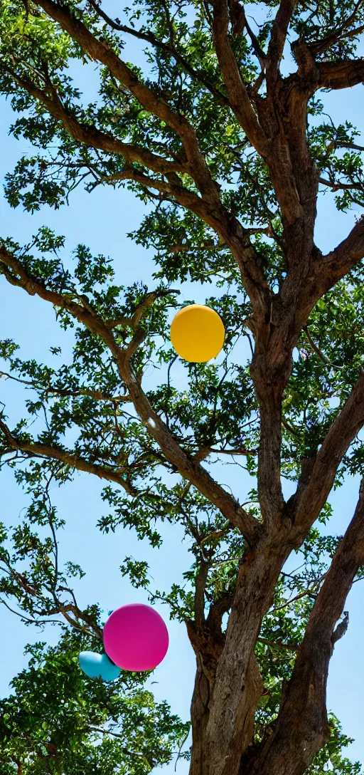 Prompt: a beach ball floating above a tree,