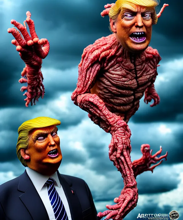 Prompt: hyperrealistic rendering, epic boss battle, cronenberg flesh monster donald trump, by art of skinner and richard corben, product photography, collectible action figure, sofubi, hottoys, storm clouds, outside, lightning