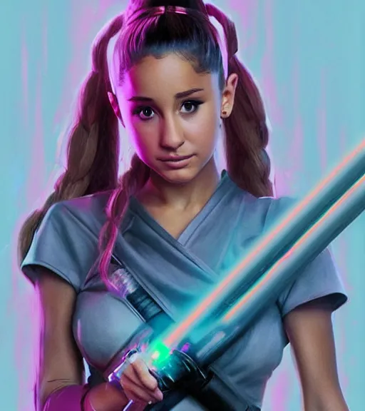 Image similar to A hyper realistic photo of Ariana Grande in the Star Wars universe with two pink lightsabers held in each hand. Maximum detail on artstation, photo realism