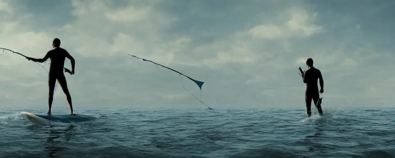 Prompt: cinematic rendering of a man standing stiff on a surfboard while he fishes aggressively with a long fishing pole to reel in something underwater only revealed by a large brutish shark fin