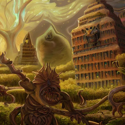 Image similar to a village built on the god of nyarlathotep, toad - like creatures that seemed to change their shape and appearance constantly, and from which emanated, in some way that i am unable to distinguish, a horrible hooting, a kind of flute. oil painting, digital art, ultradetailed, artstation