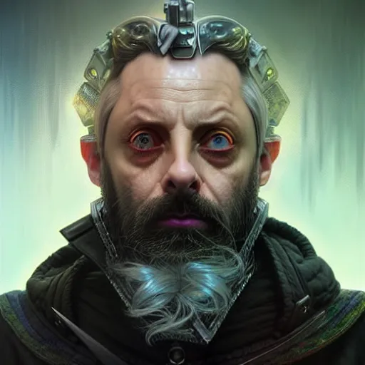 Image similar to portrait painting of a cyberpunk dwarf mage bald and bearded michael sheen, ultra realistic, concept art, intricate details, eerie, highly detailed, photorealistic, octane render, 8 k, unreal engine. art by artgerm and greg rutkowski and charlie bowater and magali villeneuve and alphonse mucha