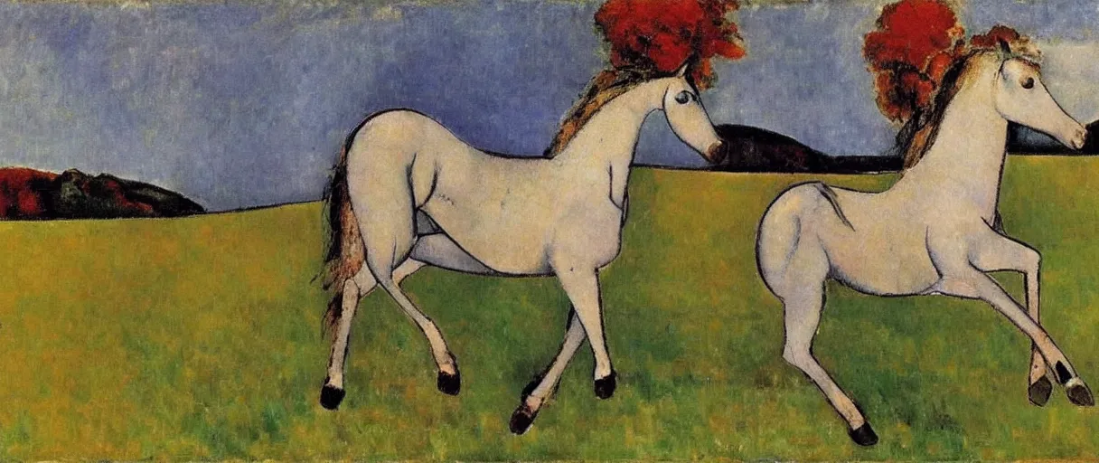 Prompt: a white horse galloping across the prairie, by amedeo modigliani