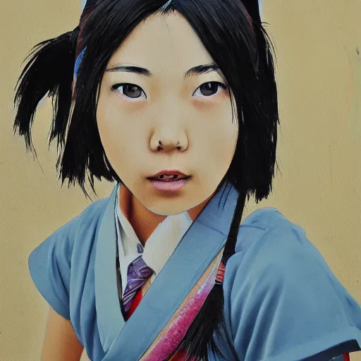 Prompt: an epic painting of Japanese schoolgirl, clothed, mixed media