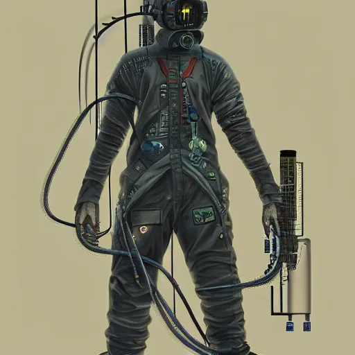 Prompt: realistic cyberpunk japanese engineer with long limbs and a black spacesuit carrying welder, techwear, dead space, visible face, Industrial Scifi, detailed illustration, character portrait, by Martin Grip and Moebius