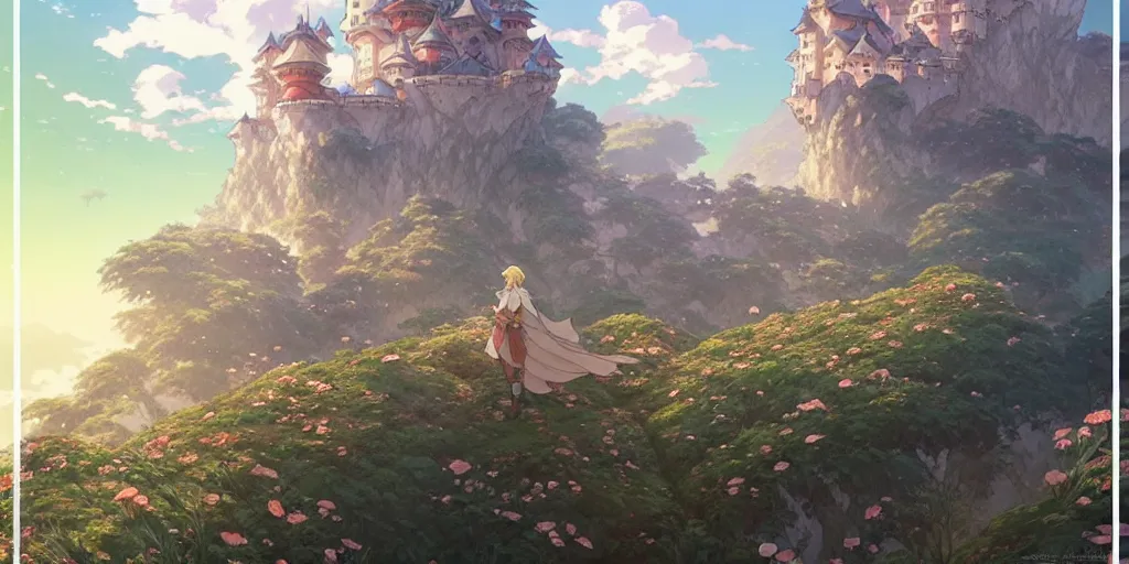 Image similar to the knight and the sword of rose petal, anime, castle core, mountains, rocky roads. by hayao miyazaki and rossdraws and artgerm and greg rutkowski and alphonse mucha and studio ghibli. high quality, stunning, intricate detailed environment. 8 k