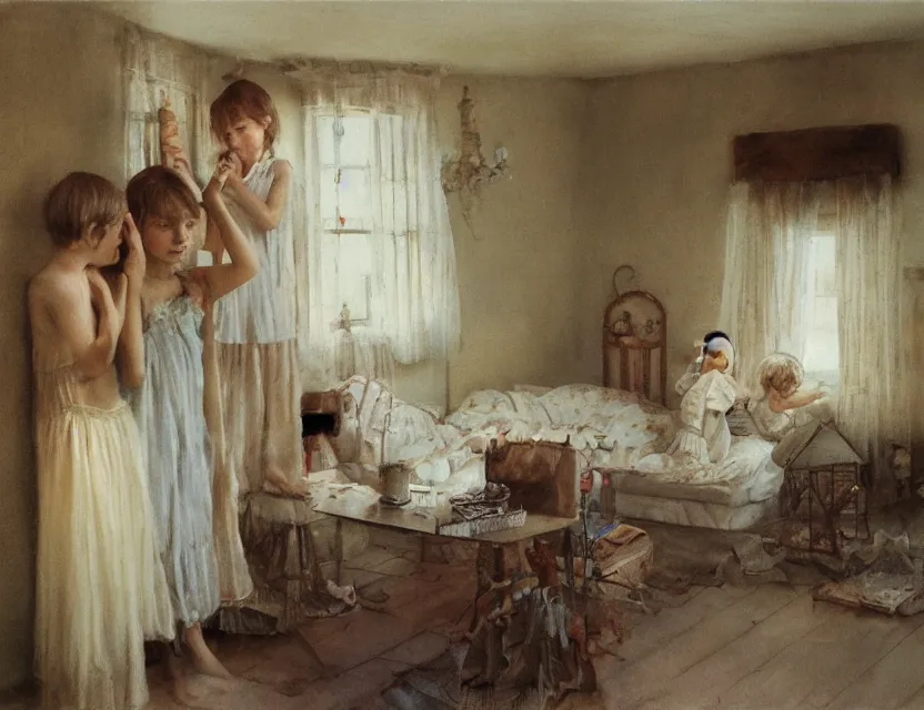 Image similar to kids playing in country house, cottage core, cinematic focus, polaroid photo bleached vintage pastel colors high - key lighting, soft lights, foggy, by steve hanks, by lisa yuskavage, by serov valentin, by tarkovsky, 8 k render, detailed, oil on canvas