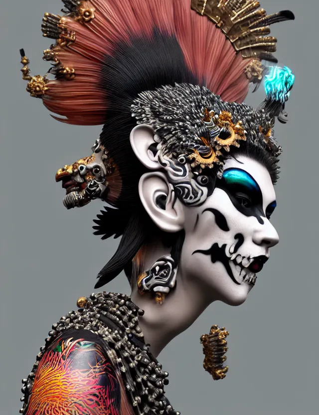 Image similar to 3 d goddess close - up profile simple portrait punk with mohawk with tiger skull. beautiful intricately detailed japanese crow kitsune mask and clasical japanese kimono. betta fish, jellyfish phoenix, bio luminescent, plasma, ice, water, wind, creature, artwork by tooth wu and wlop and beeple and greg rutkowski