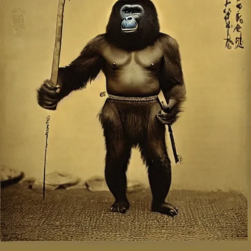 Image similar to “gorilla in full samurai outfit, 1900’s photo”