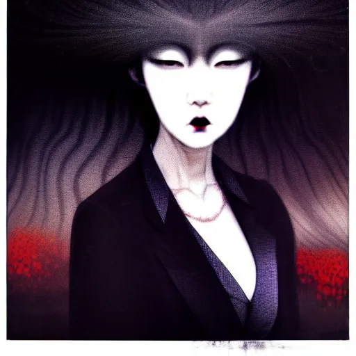 Image similar to yoshitaka amano blurred and dreamy realistic three quarter angle portrait of a woman with long white hair, black eyes and black lipstick wearing dress suit with tie, junji ito abstract patterns in the background, satoshi kon anime, noisy film grain effect, highly detailed, renaissance oil painting, weird portrait angle, blurred lost edges