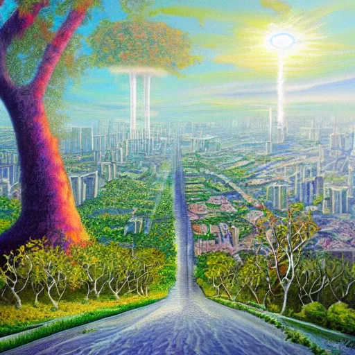 Image similar to A beautiful leafy tree as big as a mushroom cloud, shading a regular-sized modern city below it. Fantasy art, oil painting.