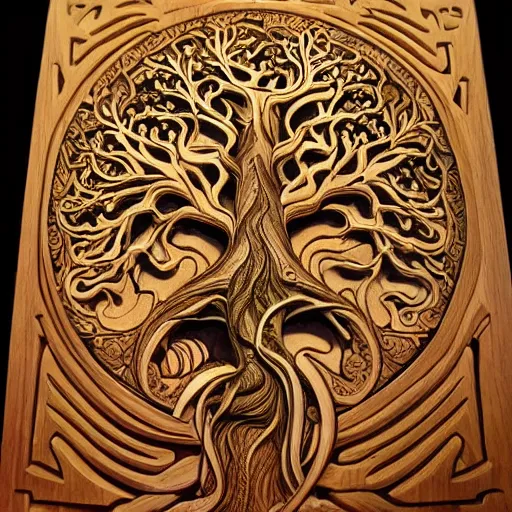 Image similar to wood relief carving of world tree, tree of life, yggdrasil, stygian, evil, shoggoth + exquisite, ornate, intricately carved, fractal, tarot, intricate details, art deco, hokusai, mohrbacher, alphonse mucha, photo realistic, redshift, spotlight