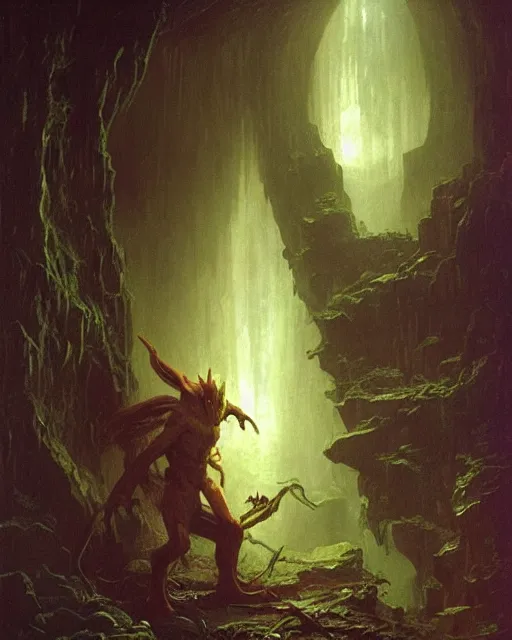 Image similar to A hobgoblin. He has a very menacing expression. he is standing in a cave. Award winning oil painting by Thomas Cole and Wayne Barlowe. Highly detailed