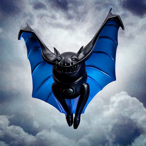 Image similar to detailed full body of scary giant mutant dark blue humanoid bat, glowing red eyes flying above a stormy ocean, sharp teeth, acid leaking from mouth, realistic, giant, bat ears, bat nose, bat claws, bat wings, furred, covered in soft fur, detailed, 85mm f/1.4