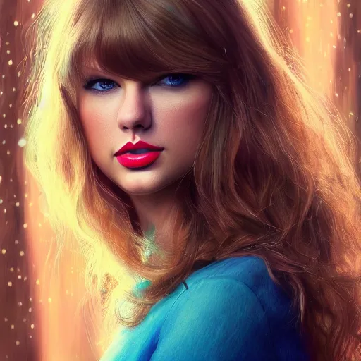 Prompt: taylor swift, long hair with bangs, Crystal blue eyes, full-shot, beautiful colorful forest backround, oil colors, elegant, sharp focus, beautiful face, Hyper-realistic, Highly Detailed, HD, Dramatic Lighting by Brom, by beeple, studio ghibli, wallpaper, highly detailed, trending on artstation