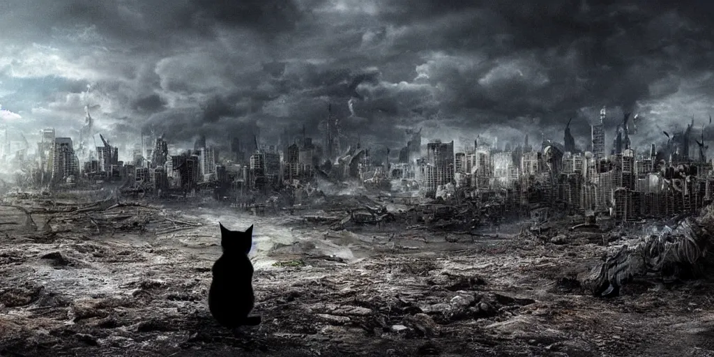 Prompt: A cat looking at whats left of the world, apocalyptic, haunting, ultra realistic, ultra detailed, dark