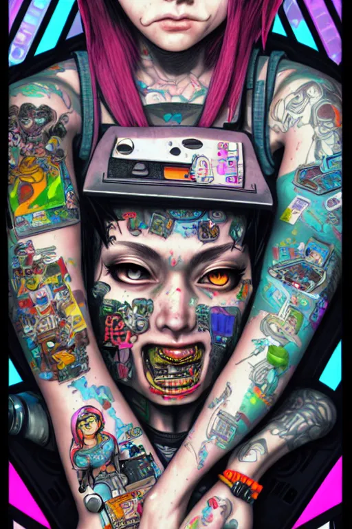 Image similar to full view, from a distance, of anthropomorphic trashcan who is cyberpunk girl with tattoos playing video games, style of yoshii chie and hikari shimoda and martine johanna, highly detailed