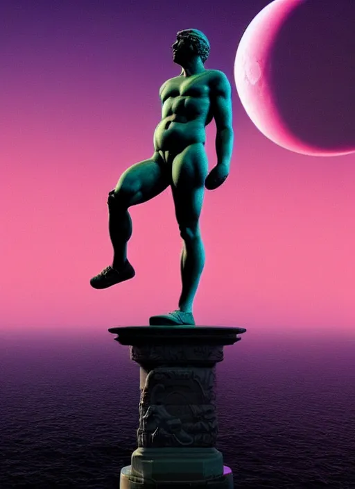 Prompt: statue of atlas, moon in the background, beeple, vaporwave, retrowave, futurism, black background, neon wiring, black, glitch, strong contrast, cuts, pinterest, trending on artstation