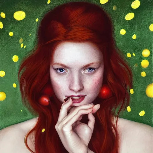 Prompt: a highly detailed portrait of a red haired young woman, among golden fireflies and nature, long hair, green eyes, hint of freckles, round gentle face, cheeky smile with red lips, deep focus, smooth, sharp, golden ratio, elegant, digital painting by caravaggio and artgerm