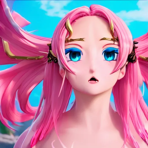 Image similar to stunningly beautiful omnipotent megalomaniacal anime goddess with porcelain skin, pink twintail hair and mesmerizing cyan eyes, symmetrical perfect face smiling in a mischievous, devious and haughty way while looking down upon the viewer, mid view, hyperdetailed, 2 d, unreal engine 5, 8 k