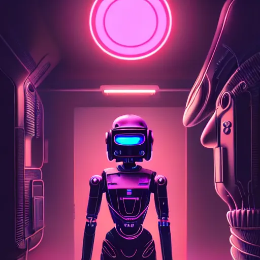 Prompt: highly detailed surreal neon robot android young christina hendricks, robocop, scream, stephen bliss, unreal engine, greg rutkowski, loish, rhads, beeple, makoto shinkai and lois van baarle, ilya kuvshinov, rossdraws, tom bagshaw, global illumination, detailed and intricate environment