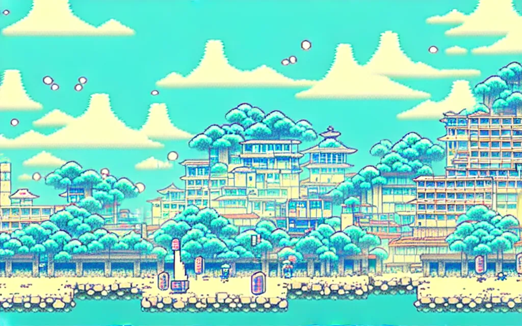 Prompt: a japanese city near the sea, lofi, dreamy, moody, anime inspiration, ghibli vibe, pixelart