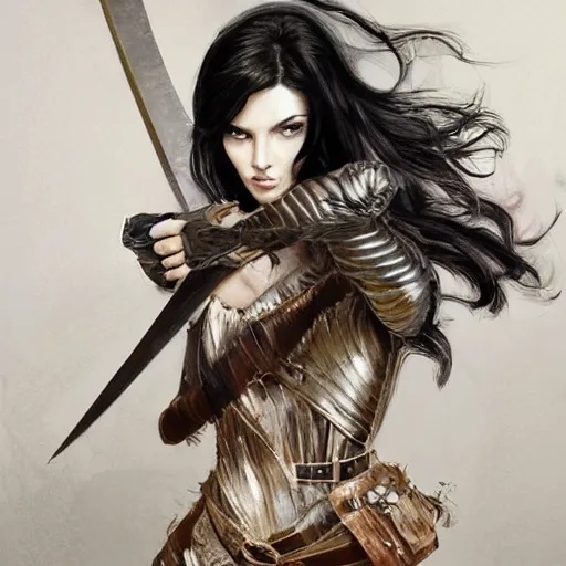 Image similar to an action photo of a black haired woman in a black leather jacket in a swordfight, muscular upper body, abs, d & d, fantasy, intricate, elegant, highly detailed, digital painting, artstation, concept art, smooth, sharp focus, illustration, art by artgerm and greg rutkowski and alphonse mucha