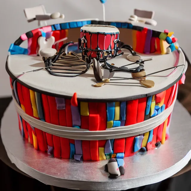 Image similar to a 4 k photograph of a birthday cake sculpture of a drum set