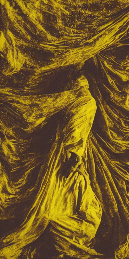 Image similar to faceless man in a yellow suit, hidden behind torn cloth swirling violently